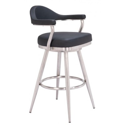 Zuo Modern – Vagur Swivel Barstool 40.2" Black Faux Leather Seat with Brushed Steel Legs Modern Lounge