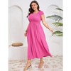 Coolmee Women Plus Size Casual Smocked Round Neck Short Sleeve Midi A-Line Flutter Dress With Pocket - 3 of 4