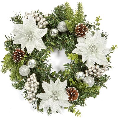 COZONY 16-Inch Christmas Wreath with Red Berries and Pine Cones, Artificial Pine Garland for Front Door and Fireplace