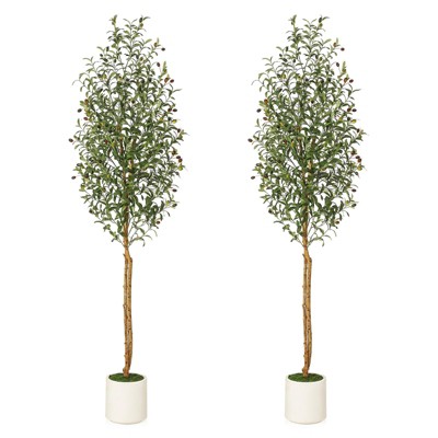 Garvee 5/6/7ft Artificial Olive Trees - Faux Silk Plants in White Planters with Wood Trunk & Moss, for Home/Office Decor, 1/2 PCS