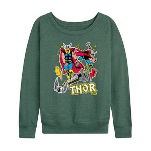 Women's - Marvel - Thor Stickers Style Lightweight French Terry Wide Neck Long Sleeve Shirt - 1 of 4