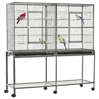 Gsluuk PawHut 65" Double Rolling Metal Bird Cage Feeder with Detachable Rolling Stand, Storage Shelf, Wood Perch & Food Container