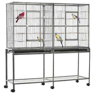Gsluuk PawHut 65" Double Rolling Metal Bird Cage Feeder with Detachable Rolling Stand, Storage Shelf, Wood Perch & Food Container - 1 of 1