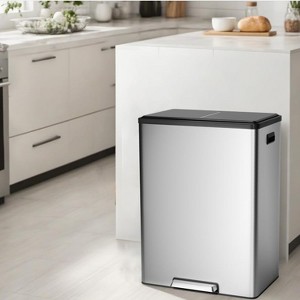 16 Gallon/60L Stainless Steel Step Trash Can, Dual Compartment with Removable Buckets, Soft-Close Lid - 1 of 4