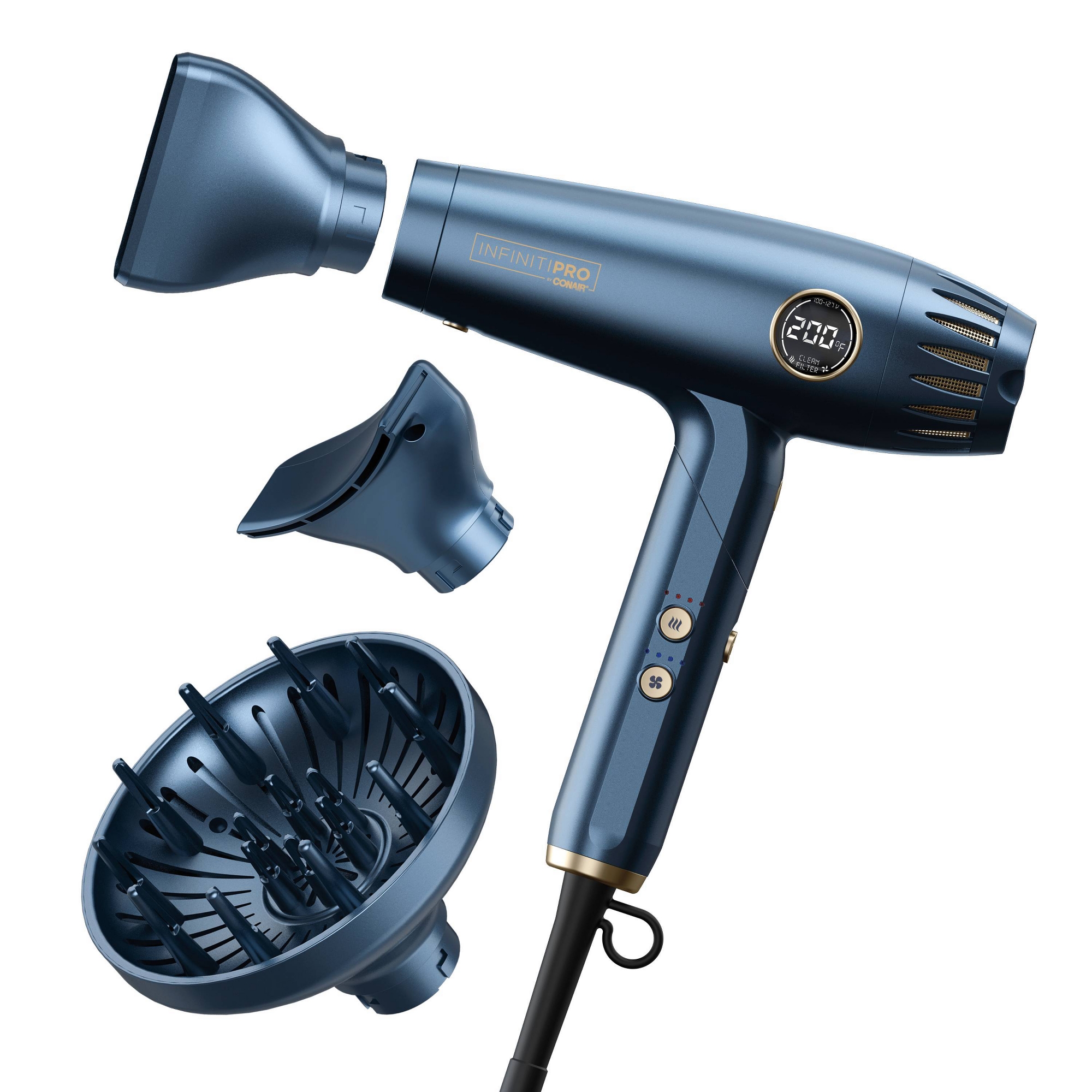 INFINITI PRO CONAIR Folding Digital Dryer: Navy Blue, 1875 Watt Electric Hair Tool for Volumizing, Hair Drying, with Tote, Concentrator & Diffuser