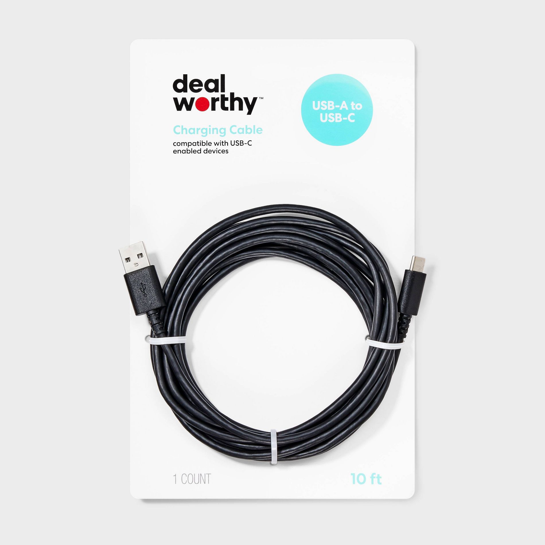 10' USB-A to USB-C Cable - dealworthy™ Black