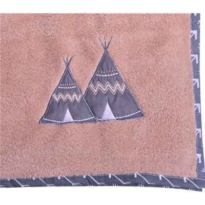 Bacati - Woodlands Beige with Grey Border Tee Pee Embroidered Baby Plush Blanket