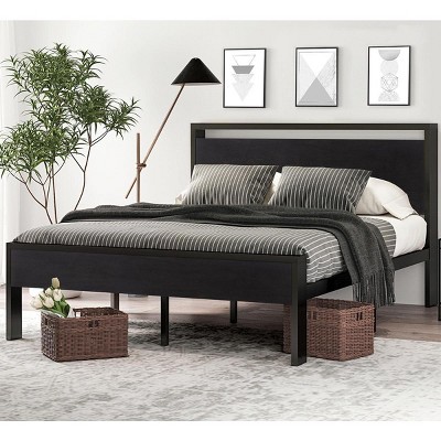 Queen Size Metal Platform Bed Frame with Wooden Headboard and Footboard, Mattress Foundation, No Box Spring Needed