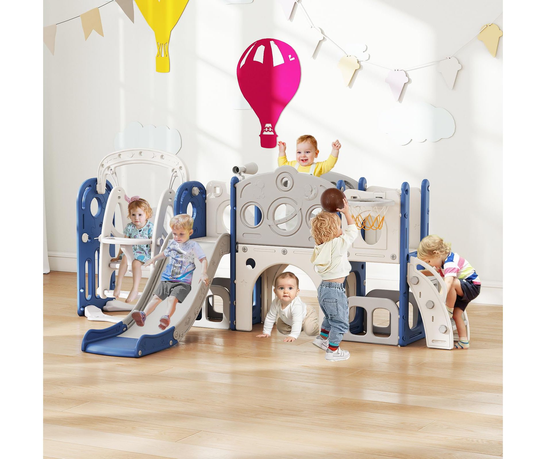 9 in 1 Slide & Swing Set for Toddler - Freestanding Kids Slide, Blue