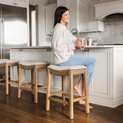 Natural Wood Backless Saddle Counter Stools, Set of 3