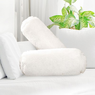 Set of 2 White Shaggy Long Hair Bolster Pillows