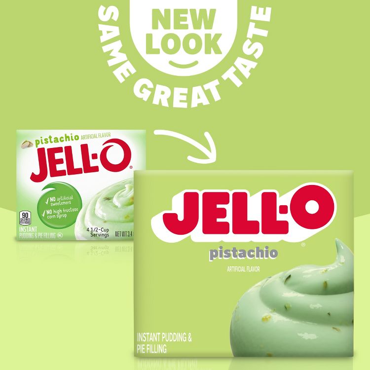 Two boxes of Jell-O pistachio artificial flavor instant pudding and pie filling with "NEW LOOK SAME GREAT TASTE" text above.