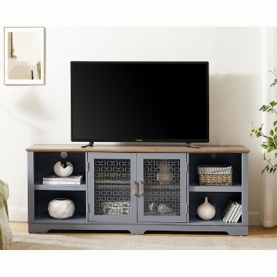 VYNXARIA Modern Farmhouse Light Blue TV Media Stand with Glass Door Cabinets for TVs Up to 80inch