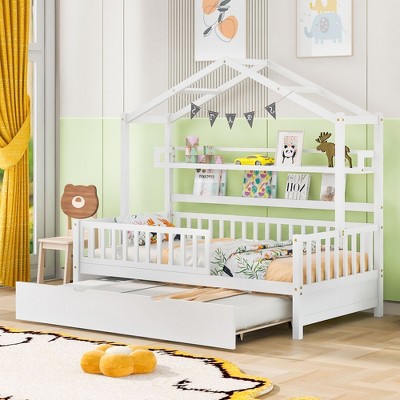CAVINAS Twin/Full Size House Platform Bed with Storage Shelf & Under-Bed Trundle/Drawers,Wooden Bed Frame for Kids Room,Bedroom