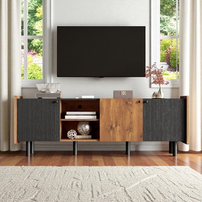 Mid Century TV Stand for TVs up to 70'', Media Console with 3 Cabinets & Open Shelves, Entertainment Center for Living Room, Bedroom