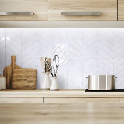 White Chevron Peel and Stick Gel Backsplash Tile