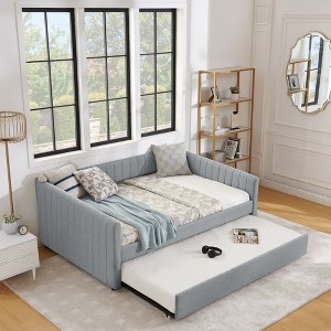 NicBex Twin/Full Size Daybed with Trundle,Linen Upholstered Sofa Bed with Vertical Stripes for Bedroom,Living Room,Apartment - 1 of 4