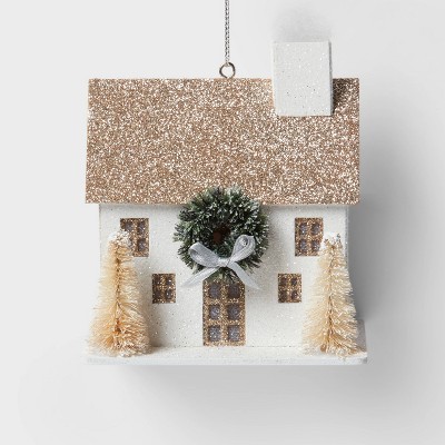 Glittered Paper House with Wreath and Bottle Brush Trees Christmas Tree Ornament White - Wondershop™
