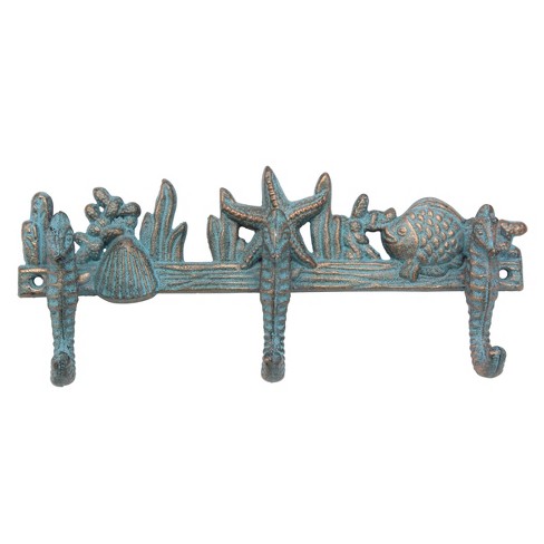 11.2 X 4.5 Decorative Cast Iron Seahorse Wall Hook Row Turquoise