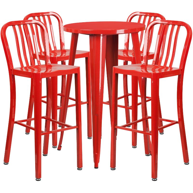 Merrick Lane Outdoor Dining Set with 24" Round Table and Slatted Back Bar Stools with Footrests, 1 of 7