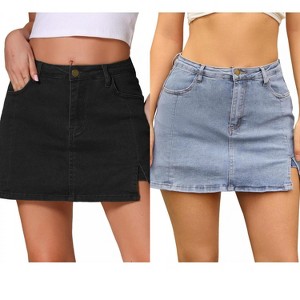 INSPIRE CHIC Women's Jean Side Slit High Waisted A-Line Stretch Mini Denim Skirts 2 Packs - 1 of 4