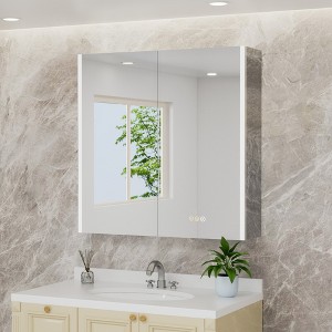 Rail Medicine Cabinet with Mirrors and Lights, Recessed/Wall Mounted LED Bathroom Cabinet, 3 Light Mode, Dimmable, Defogger, Aluminum, Silver - 1 of 4