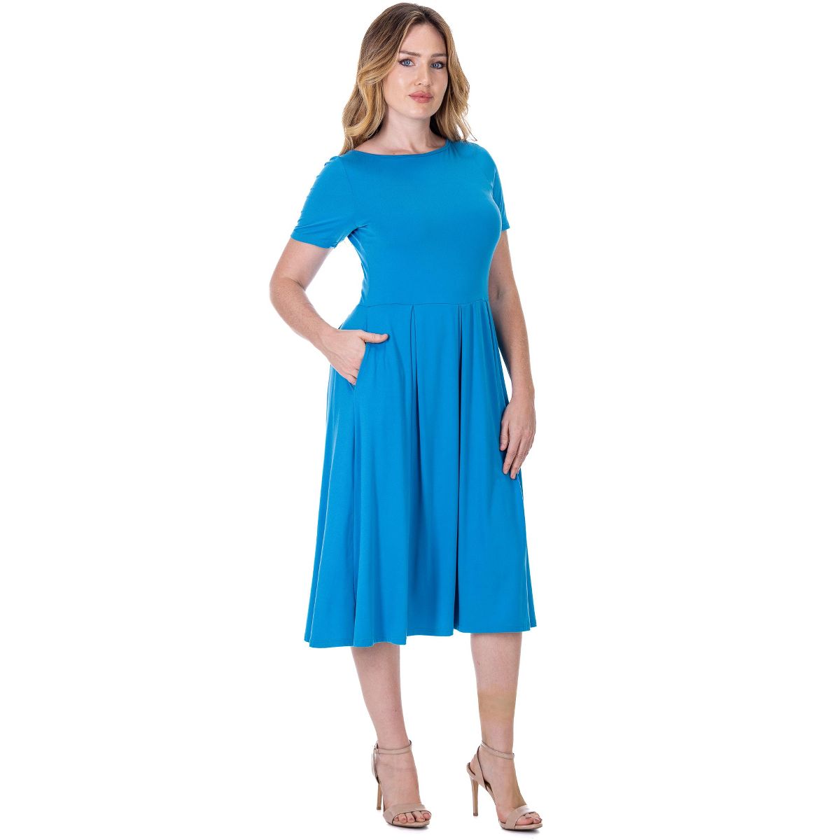 Womens Short Sleeve Boat Neck Pleated Flared Pocket Midi Dress - 24seven Comfort Apparel™ - thumbnail 10