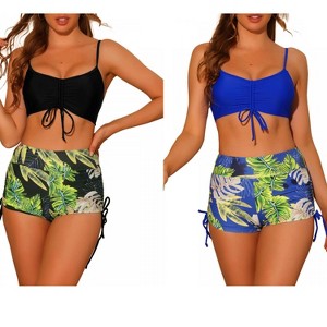 INSPIRE CHIC Women's Drawstring Push-Up Top Tropical Print High Waist Shorts Swimwear Bathing Suits 2 Sets - 1 of 4