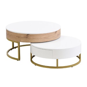 TiramisuBest Modern 2-Piece White Round Nesting Coffee Tables with Drawers, Gold Accents, Space-Saving Design, 27.6'' - 1 of 4