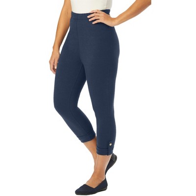 Jessica London Women's Plus Size Stretch Cotton Cuff-Button Capri Legging