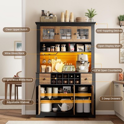 Garvee Coffee Bar Cabinet, 68.7 Inch Brown Farmhouse Kitchen Hutch with Led Light and Power Outlet for Dining Room — фото 5