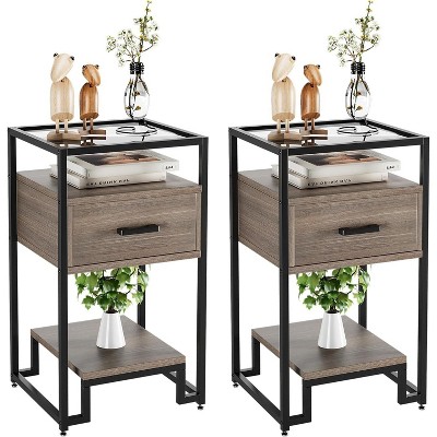 Nightstand Set of 2, Mid Century Modern End Table with 3-Tier Storage