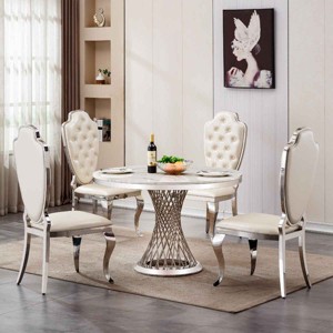 47 Inch Modern Style Round Dining Table, Table with High Gloss Top, Faux Marble Dining Table with Silver Stainless Steel Base-Cuddlewood - 1 of 4