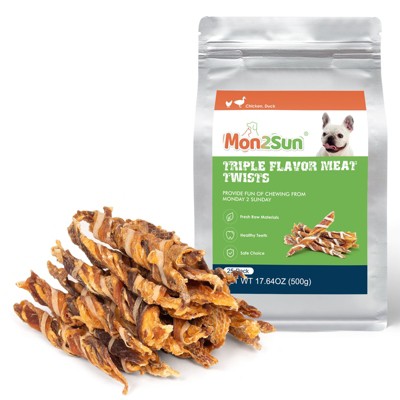 MON2SUN Dog Treats, Triple Flavor Jerky Twist Sticks, 5-7 Inch Chicken Duck and Codfish Sticks Chews for Small Dogs
