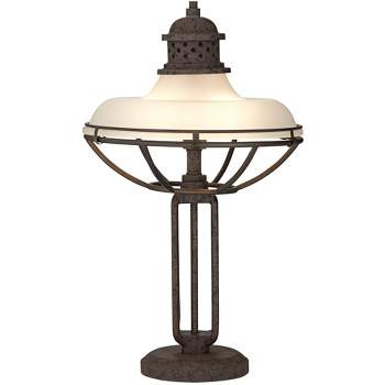 Franklin Iron Works Western Table Lamp with USB Charging Port 26.5" High Rust Bronze Metal Open Cage Half-Dome Glass Shade Living Room House