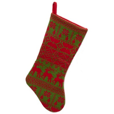 Kurt S. Adler 20.5" Alpine Chic Red and Green Nordic Design Moose and Snowflake Pattern Knit Christmas Stocking