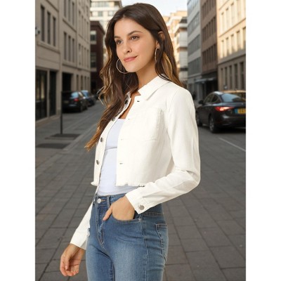 Женские куртки INSPIRE CHIC Women's Turn Down Frayed Button Down Washed Cropped Denim Jacket 2 Packs White/Black X Large — фото 3