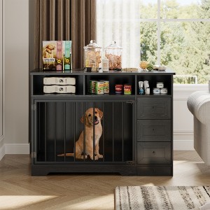 48'' High Quality Wood Dog Crate Furniture with Bowl & Storage Drawers  for Small Medium, Black - 1 of 4