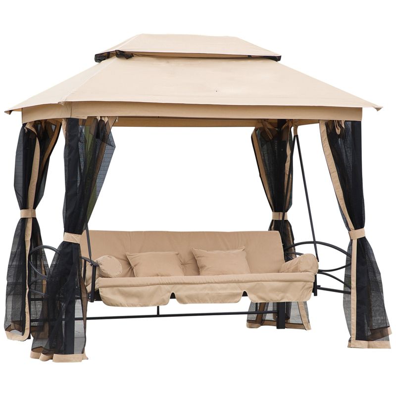 Outsunny 3 Person Patio Swing Chair, Gazebo Swing with Double Tier Canopy, Cushioned Seat, Mesh Sidewalls, 1 of 9