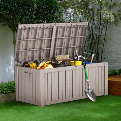 Maggift Deck Box, 150GAL Outdoor Storage Box, Patio Gardening Tools, Water and UV Resistant for Patio, Garden, Lawn, Brown, 60.8"*28.4"*25.4"