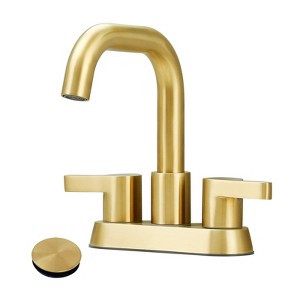 Cobbe Bathroom Faucet 2 Handle 4 Inch Centerset Bathroom Sink Faucets 3 Hole with Pop Up Drain and Water Supply Lines, Brushed Gold - 1 of 4