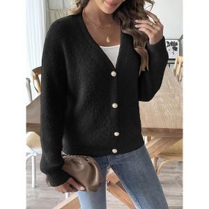 Womens Cardigan Knit V Neck Button Front Casual Cardigan Sweater Black XL - 1 of 4