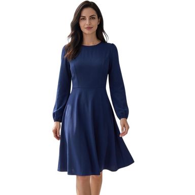 INSPIRE CHIC Women's Round Neck Zipper Long Bishop Sleeve A-line with Pockets Elegant Party Mini Dress Small Navy Blue