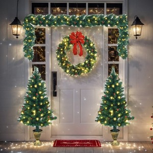 Resenkos 4 Pieces Christmas Decoration Set with Garland Wreath and Entrance Trees Green - 1 of 4