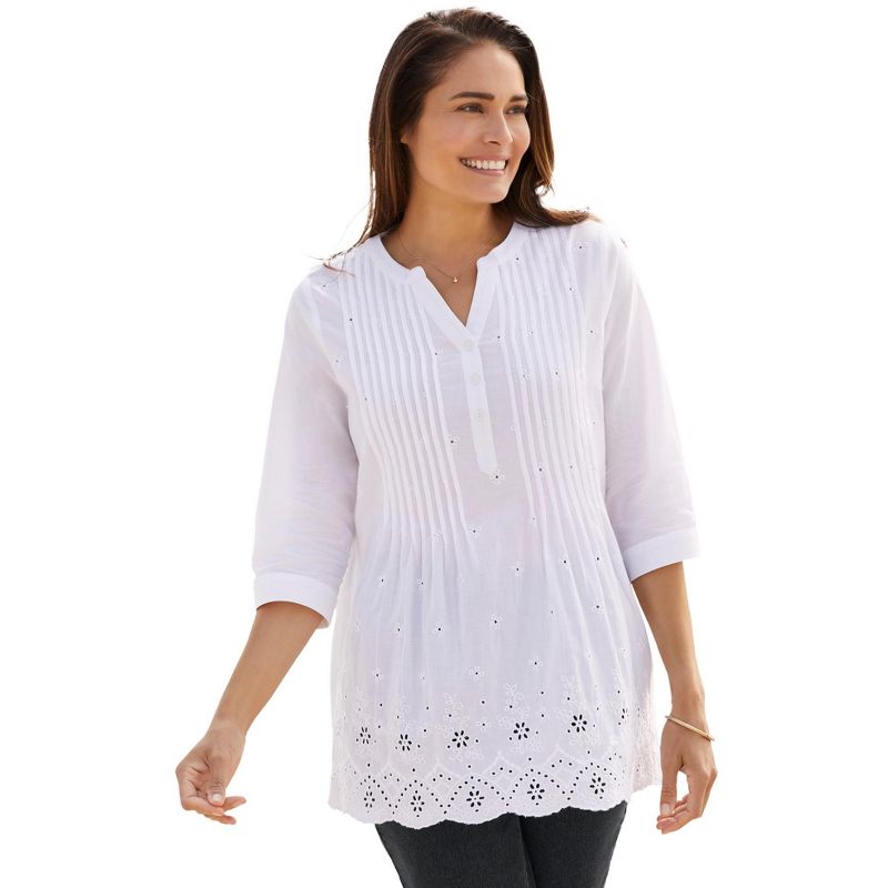 Woman Within Women's Plus Size Embroidered Pintuck Tunic, 1 of 2
