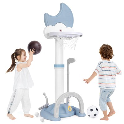 Safstar 4-in-1 Toddlers Basketball Hoop with Basketball Soccer Golf and Ring Toss Game