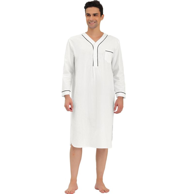 Lars Amadeus Men's Cotton Long Sleeves Chest Pocket Henley One Piece Nightgown, 1 of 6