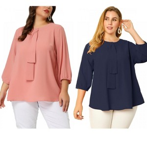Women's Plus Size 2 Pieces 3/4 Sleeves Round Neck Ruffle Chiffon Work Blouse - Agnes Orinda - 1 of 4