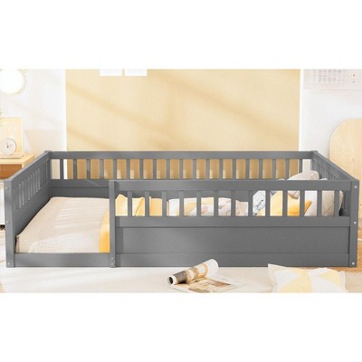 CAVINAS Full Size Wood Montessori Bed,Modern Floor Bed with Safety Fence and Door,Toddler Bed for Bedroom