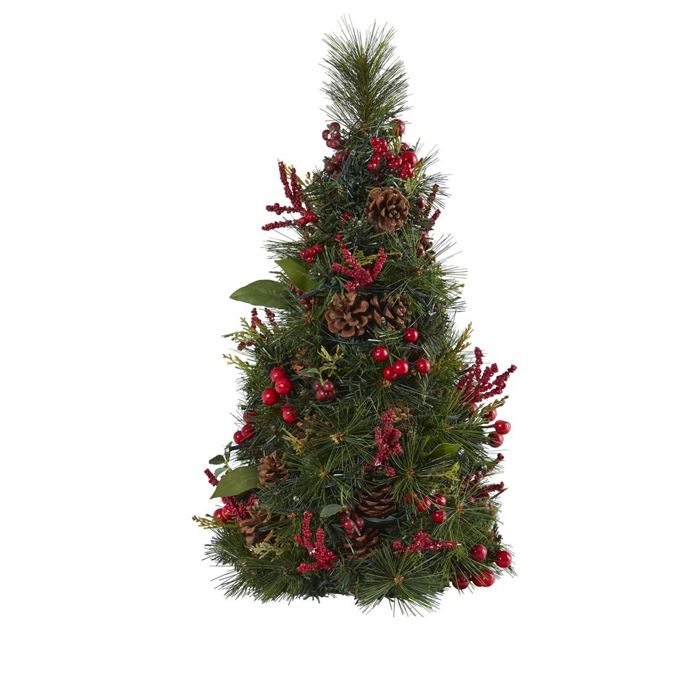 2ft Nearly Natural Pre-Lit LED Mixed Berry and Pinecone Artificial Christmas Tree Clear Lights: Indoor Tabletop Decor, Battery Operated